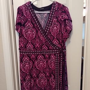 Hot Pink & Black Knit Tile Print Faux Wrap Dress